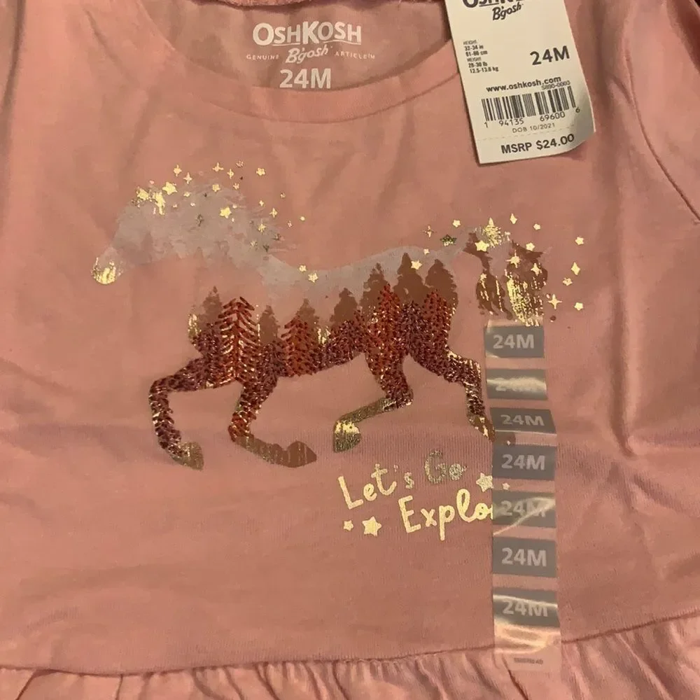 OshKosh Pink Ruffle Horse Let's Explore Long Sleeve Top Shirt 24‎ Months New